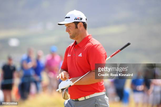 Jon Rahm of Spain walks off the 10th green during the final round of the Dubai Duty Free Irish Open at Ballyliffin Golf Club on July 8, 2018 in...