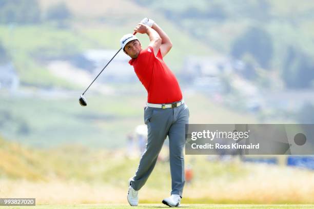 Jon Rahm of Spain tees off on the 11th hole during the final round of the Dubai Duty Free Irish Open at Ballyliffin Golf Club on July 8, 2018 in...