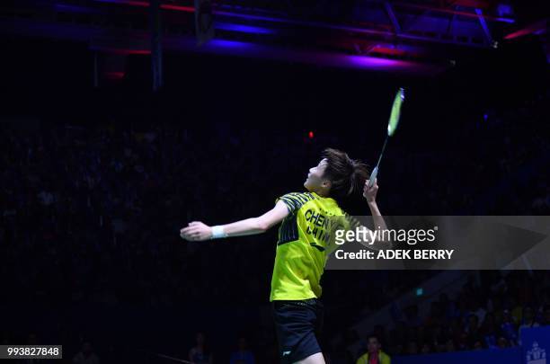 Chen Yufei of China plays against Tai Tzu Ying of Taiwan during the women's singles badminton final match at the Indonesia Open in Jakarta on July 8,...