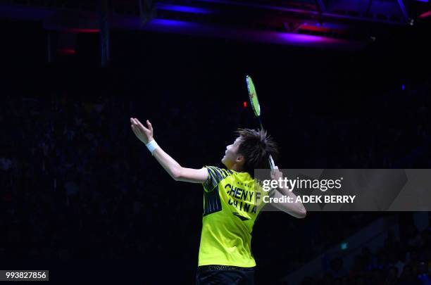 Chen Yufei of China plays against Tai Tzu Ying of Taiwan during the women's singles badminton final match at the Indonesia Open in Jakarta on July 8,...