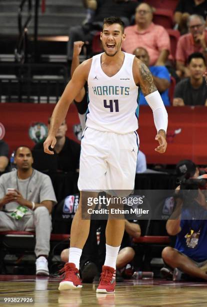 Willy Hernangomez of the Charlotte Hornets reacts after getting a foul call on a play against the Oklahoma City Thunder during the 2018 NBA Summer...