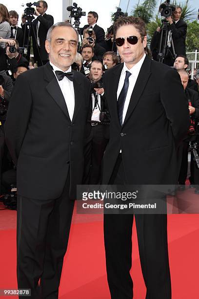 Jury memebers Alberto Barbera and Benicio Del Toro attend the Premiere of 'Wall Street: Money Never Sleeps' held at the Palais des Festivals during...