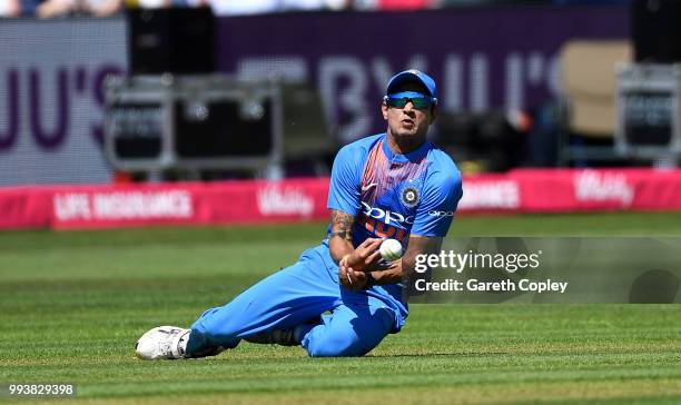 Siddarth Kaul of India drops a catch off Jos Buttler of England during the 3rd Vitality International T20 match between England and India at The...