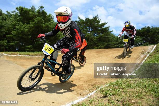 Madoka Fukuda competes in the Girls 13-14 qualification round during the Japan National BMX Championships at Hitachinaka Kaihin Park on July 8, 2018...