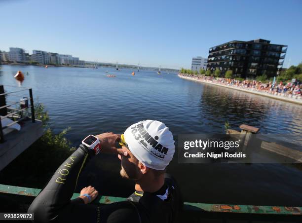 An athlete waits for the start of Ironman 70.3 Jonkoping on July 8, 2018 in Jonkoping, Sweden.