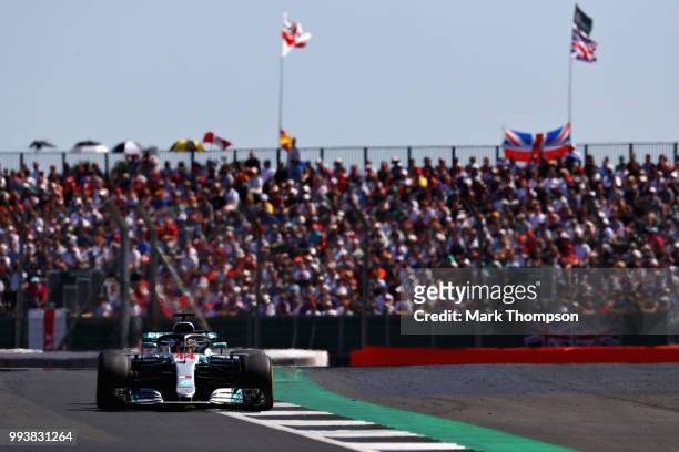 Lewis Hamilton of Great Britain driving the Mercedes AMG Petronas F1 Team Mercedes WO9 on track during the Formula One Grand Prix of Great Britain at...
