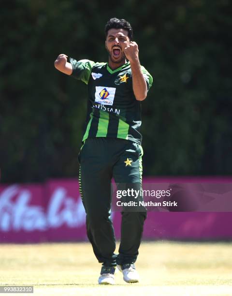 Muhammad Haris of Pakistan celebrates getting a wicket during the Vitality IT20 Physical Disability Tri-Series match between England and Pakistan at...