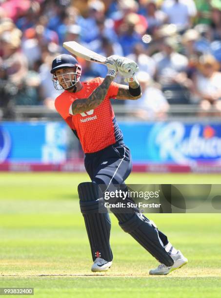 England batsman Alex Hales hits out during the 3rd Vitality International T20 match between England and India at The Brightside Ground on July 8,...