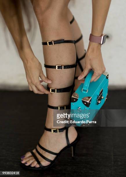 Jennifer wears a Domus shoes, Guess dress and Luis Negri handbag during the Mercedes Benz Fashion Week Spring/Summer 2019 at IFEMA on July 8, 2018 in...