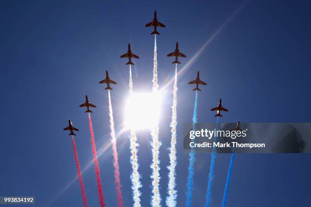 The Red Arrows perform before the Formula One Grand Prix of Great Britain at Silverstone on July 8, 2018 in Northampton, England.