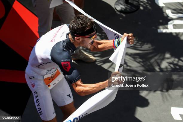 Jan Frodeno of Germany celebrates after winning the Mainova IRONMAN European Championship on July 8, 2018 in Frankfurt am Main, Germany.