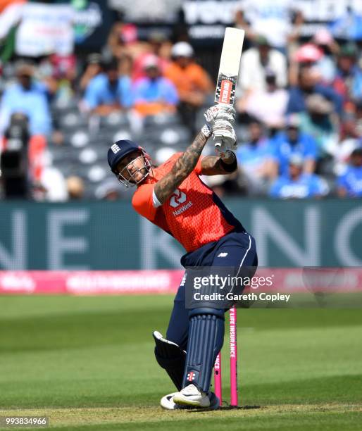 Alex Hales of England bats during the 3rd Vitality International T20 match between England and India at The Brightside Ground on July 8, 2018 in...