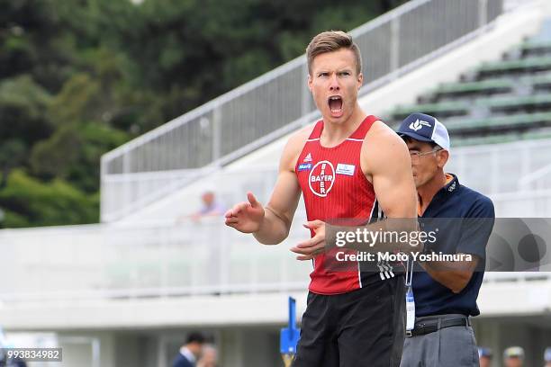 Markus Rehm of Germany reacts after achieving the new world record of 8m47 in the Men's Long Jump F64 during day two of the Japan Para Championships...