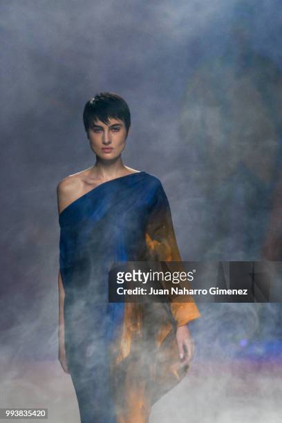 Model walks the runway at the Ulises Merida show during the Mercedes-Benz Fashion Week Madrid Spring/Summer 2019 at IFEMA on July 8, 2018 in Madrid,...