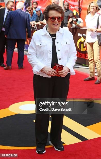 Billie Jean King attends the UK Premiere of "Incredibles 2" at THE BFI Southbank on July 8, 2018 in London, England.