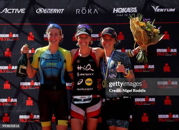 Lisa Norden of Sweden 1st, Kimberley Morrison of Britain 2nd and Kerry Morris of Australia 3rd on the podium after the women's race at Ironman 70.3...