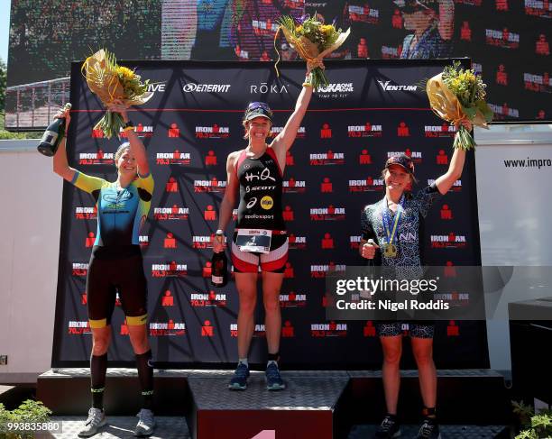 Lisa Norden of Sweden 1st, Kimberley Morrison of Britain 2nd and Kerry Morris of Australia 3rd on the podium after the women's race at Ironman 70.3...