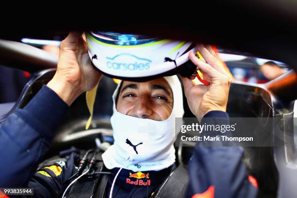 Daniel Ricciardo of Australia and Red Bull Racing prepares to drive before the Formula One Grand Prix of Great Britain at Silverstone on July 8, 2018...
