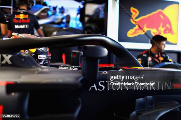 Max Verstappen of Netherlands and Red Bull Racing prepares to drive in the garage before the Formula One Grand Prix of Great Britain at Silverstone...