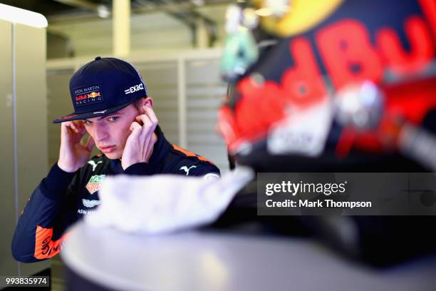 Max Verstappen of Netherlands and Red Bull Racing prepares to drive in the garage before the Formula One Grand Prix of Great Britain at Silverstone...