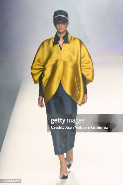 Model walks the runway at the Ulises Merida show during the Mercedes-Benz Fashion Week Madrid Spring/Summer 2019 at IFEMA on July 8, 2018 in Madrid,...