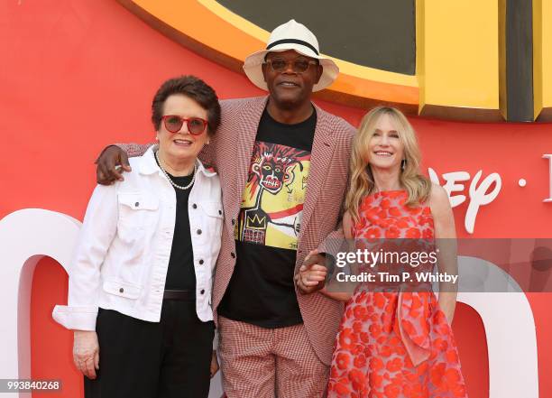 Billie Jean King, Samuel L Jackson and Holly Hunter attend the UK Premiere of Disney-Pixar's "Incredibles 2" at BFI Southbank on July 8, 2018 in...