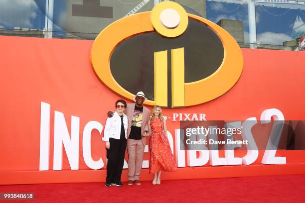 Billie Jean King, Samuel L. Jackson and Holly Hunter attend the UK Premiere of "Incredibles 2" at THE BFI Southbank on July 8, 2018 in London,...