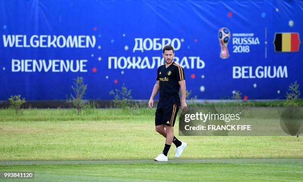 Belgium's forward Eden Hazard reacts during training session of Belgium's national football team at the Guchkovo Stadium in Dedovsk, outside Moscow,...