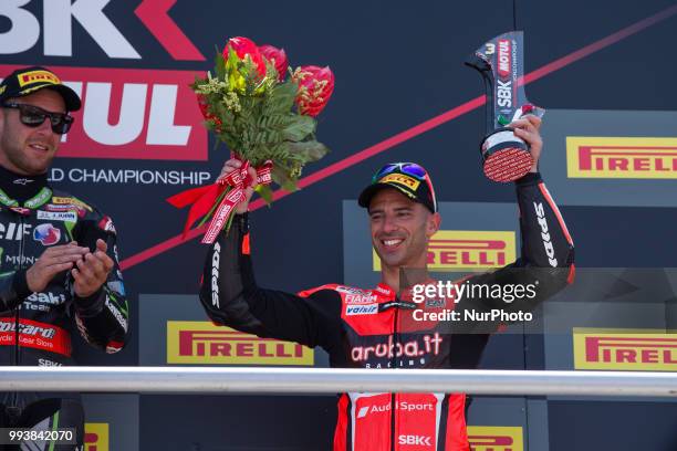 Marco Melandri of Aruba.it Racing - Ducati celebrate the third place on race 2 of the Motul FIM Superbike Championship, Riviera di Rimini Round, at...