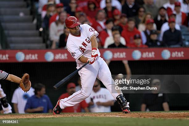 Kendry Morales of the Los Angeles Angels of Anaheim bats against the Cleveland Indians on April 28, 2010 at Angel Stadium in Anaheim, California. The...