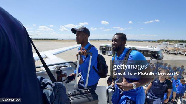 Ademola Lookman and Yannick Bolasie of Everton depart for a pre-season training camp at John Lennon Airport on July 8, 2018 inLiverpool, England.