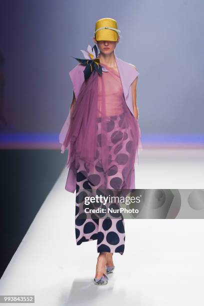 Model presents a creation by Spanish Ulises Merida at the fashion show at the Mercedes-Benz Fashion Week Madrid Spring-Summer 2019, in IFEMA Madrid,...