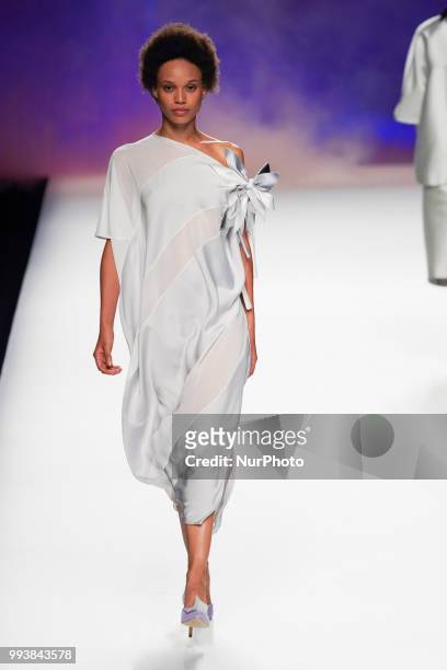 Model presents a creation by Spanish Ulises Merida at the fashion show at the Mercedes-Benz Fashion Week Madrid Spring-Summer 2019, in IFEMA Madrid,...