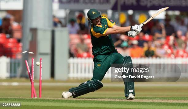 Luke Fletcher of Nottinghamshire is bowled by Zak Chappell during the Vitality Blast match between Leicestershire Foxes and Nottinghamshire Outlaws...