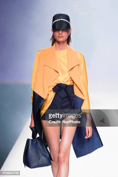 Model presents a creation by Spanish Ulises Merida at the fashion show at the Mercedes-Benz Fashion Week Madrid Spring-Summer 2019, in IFEMA Madrid,...