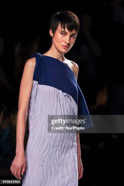 Model presents a creation by Spanish Ulises Merida at the fashion show at the Mercedes-Benz Fashion Week Madrid Spring-Summer 2019, in IFEMA Madrid,...