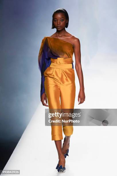 Model presents a creation by Spanish Ulises Merida at the fashion show at the Mercedes-Benz Fashion Week Madrid Spring-Summer 2019, in IFEMA Madrid,...