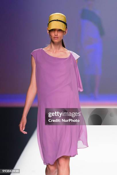 Model presents a creation by Spanish Ulises Merida at the fashion show at the Mercedes-Benz Fashion Week Madrid Spring-Summer 2019, in IFEMA Madrid,...