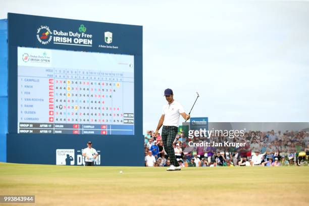 Jorge Campillo of Spain celebrates a birdie on the 18th green during the final round of the Dubai Duty Free Irish Open at Ballyliffin Golf Club on...