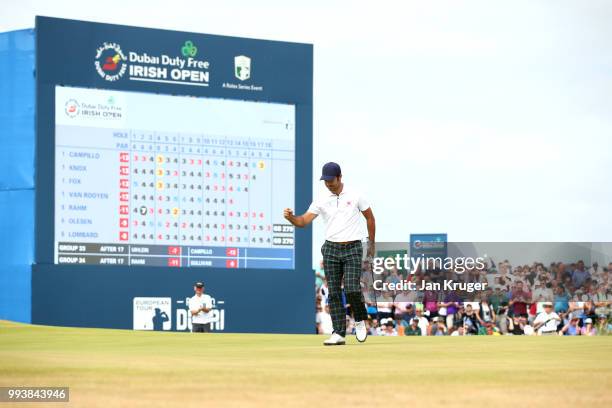 Jorge Campillo of Spain celebrates a birdie on the 18th green during the final round of the Dubai Duty Free Irish Open at Ballyliffin Golf Club on...