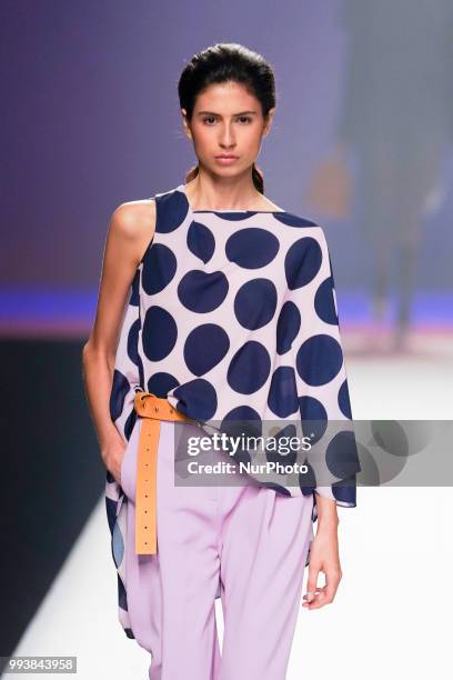 Model presents a creation by Spanish Ulises Merida at the fashion show at the Mercedes-Benz Fashion Week Madrid Spring-Summer 2019, in IFEMA Madrid,...