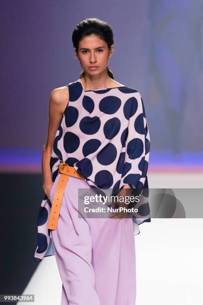 Model presents a creation by Spanish Ulises Merida at the fashion show at the Mercedes-Benz Fashion Week Madrid Spring-Summer 2019, in IFEMA Madrid,...