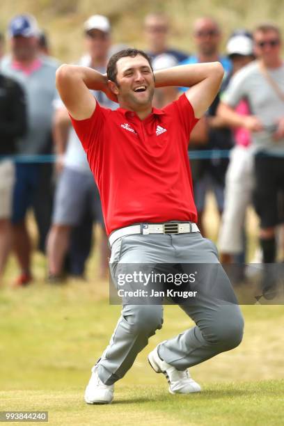 Jon Rahm of Spain reacts to nearly chipping in on the 18th hole during the final round of the Dubai Duty Free Irish Open at Ballyliffin Golf Club on...