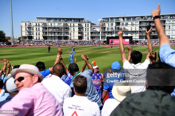 Fans cheer during the 3rd Vitality International T20 match between England and India at The Brightside Ground on July 8, 2018 in Bristol, England.