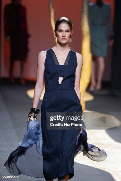 Model presents a creation by Spanish Miguel Marinero at the fashion show at the Mercedes-Benz Fashion Week Madrid Spring-Summer 2019, in IFEMA...