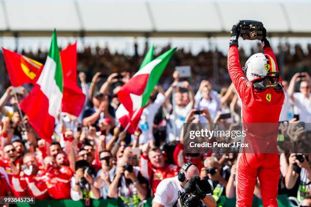 Sebastian Vettel of Ferrari and Germany wins the Formula One Grand Prix of Great Britain at Silverstone on July 8, 2018 in Northampton, England.