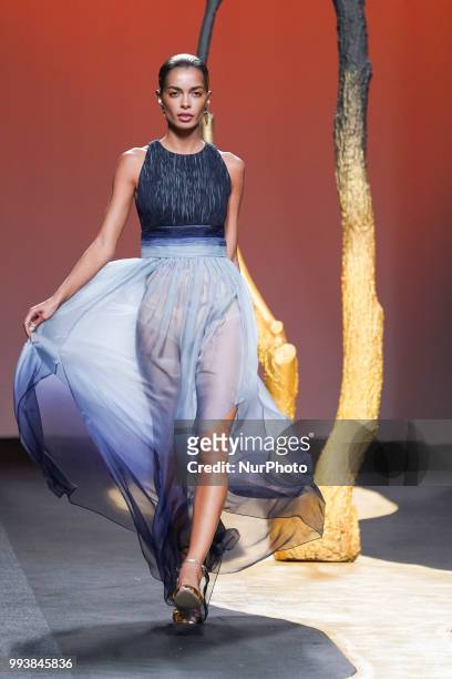 Model presents a creation by Spanish Miguel Marinero at the fashion show at the Mercedes-Benz Fashion Week Madrid Spring-Summer 2019, in IFEMA...
