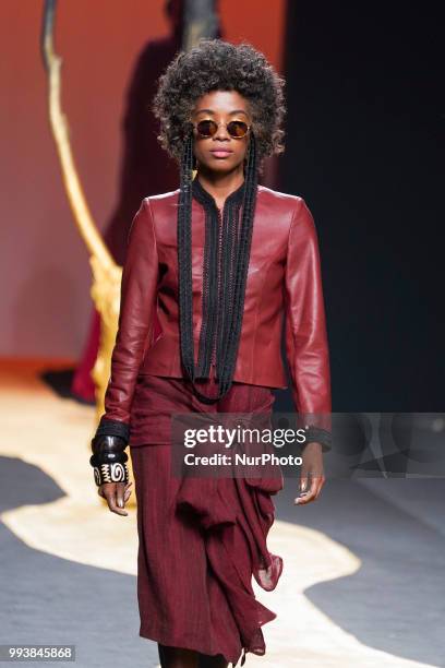 Model presents a creation by Spanish Miguel Marinero at the fashion show at the Mercedes-Benz Fashion Week Madrid Spring-Summer 2019, in IFEMA...