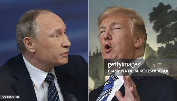 In this file combination of pictures created on March 26, 2018 shows Russian President Vladimir Putin during his annual press conference in Moscow on...