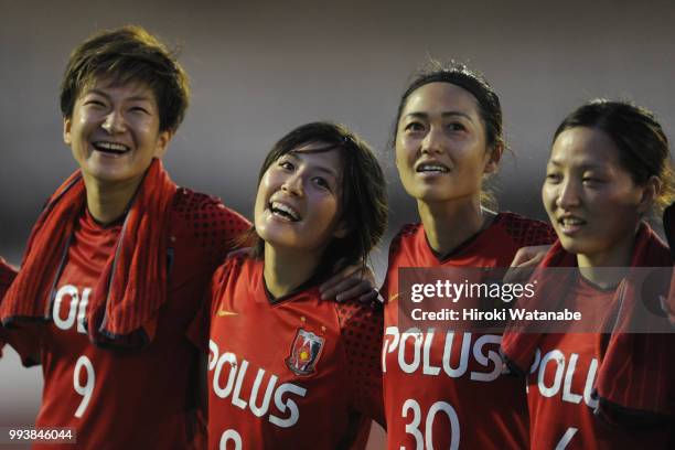 Players of Urawa Red Diamonds celebrate the win after the Nadeshiko League Cup Group A match between Urawa Red Diamonds and NTV Beleza at Urawa...